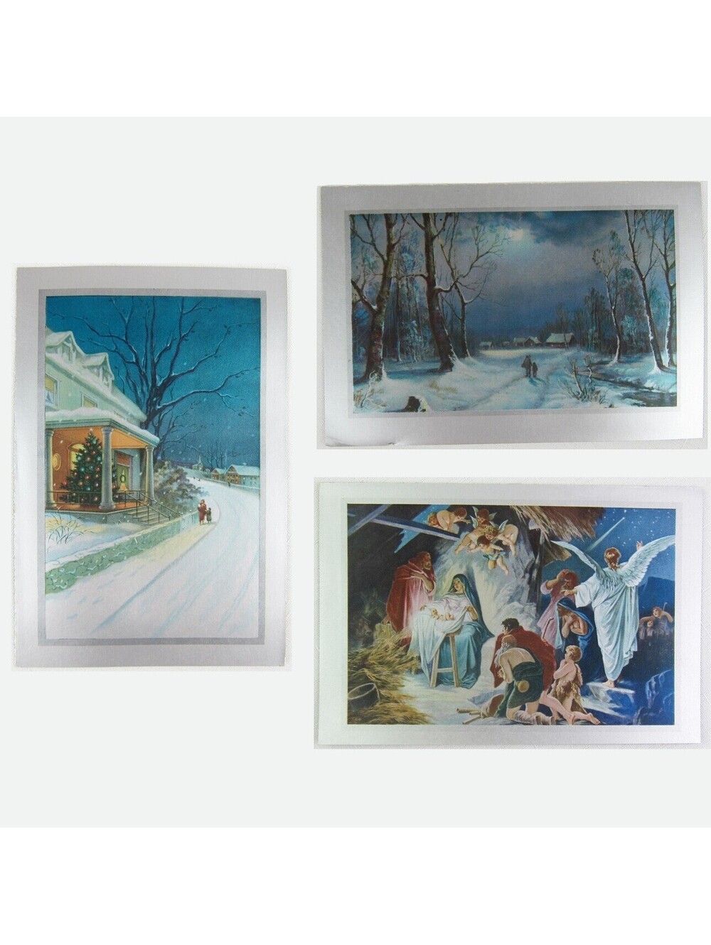 Vintage Christmas Cards Lot 3 Snowy Night Manger House Silver Border USA Litho